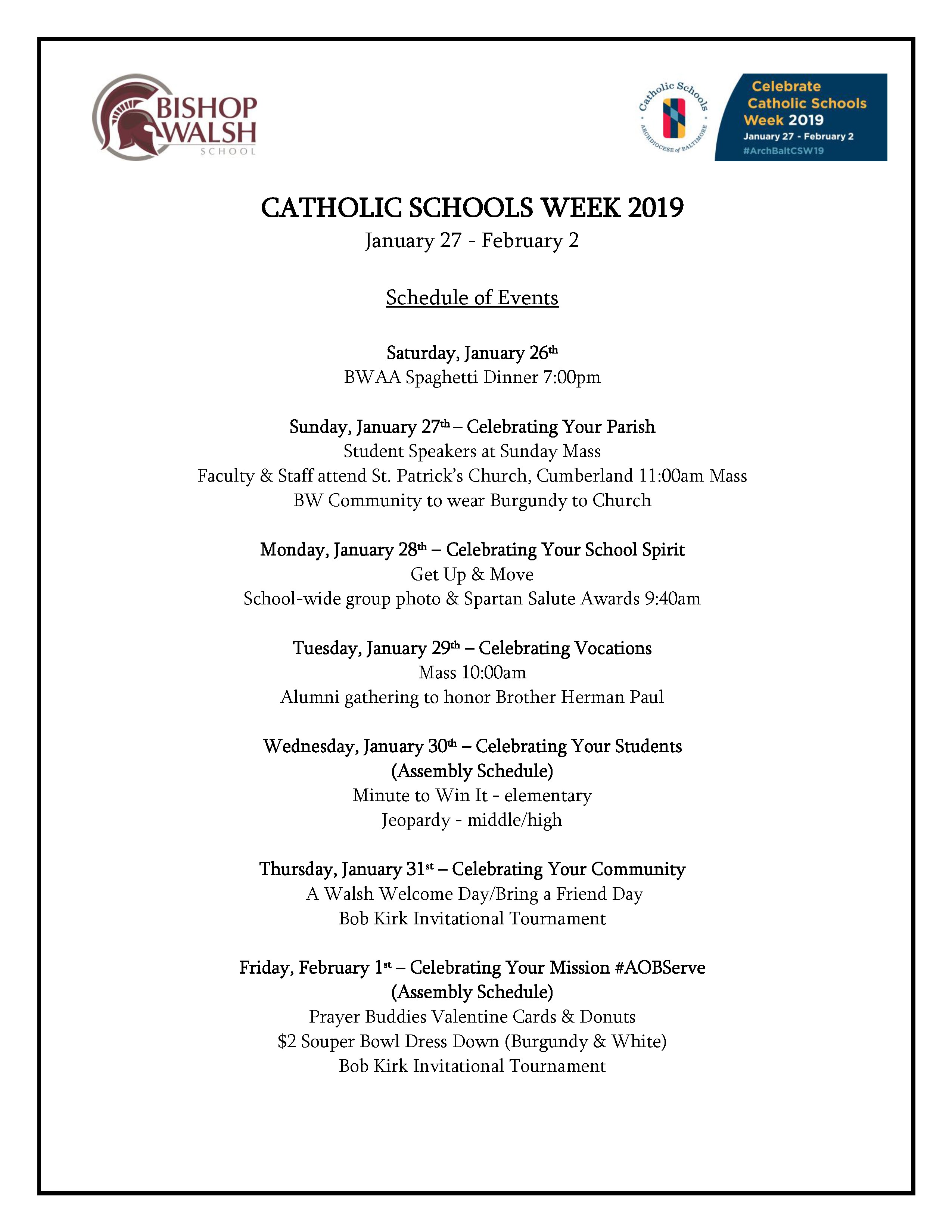Catholic Schools Week 19 Schedule Bishop Walsh School